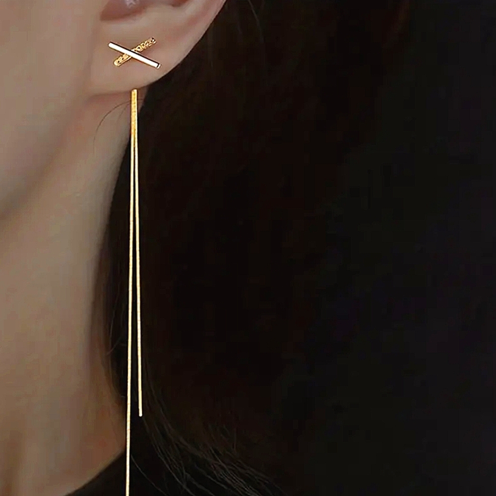 Cris Cross Tassel Drop Earrings for Women - Chain Dangle Earrings in Gold 4.5" L
